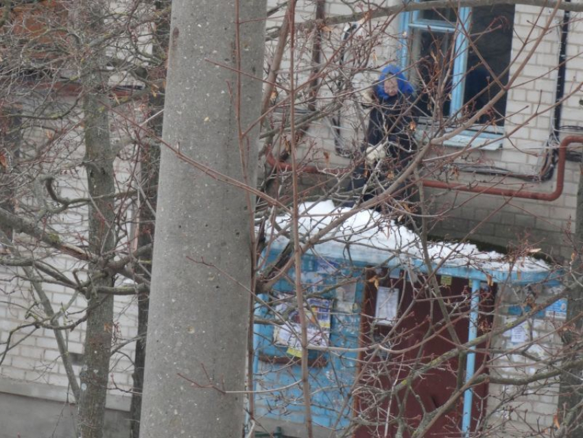 Бабушку, стыдящую коммунальщиков, заметили на козырьке подъезда в Воронеже