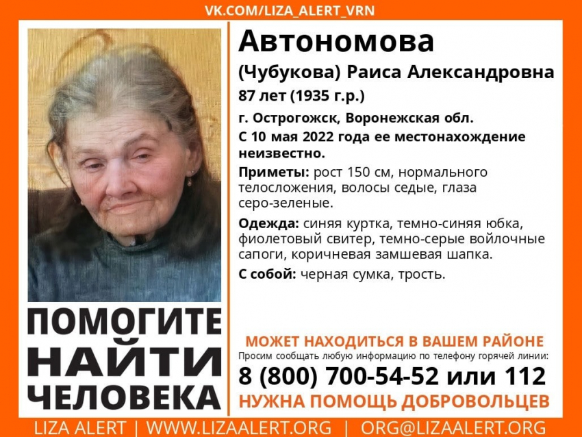 87-летняя пенсионерка, страдающая провалами в памяти, пропала в Воронежской области
