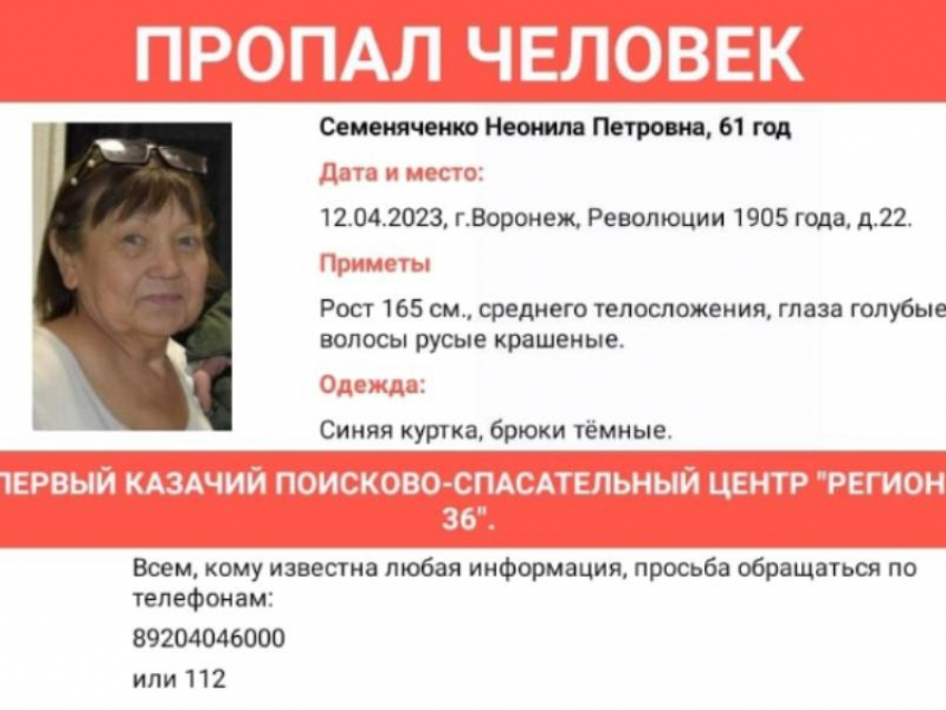 61-летняя женщина без вести пропала в центре Воронежа