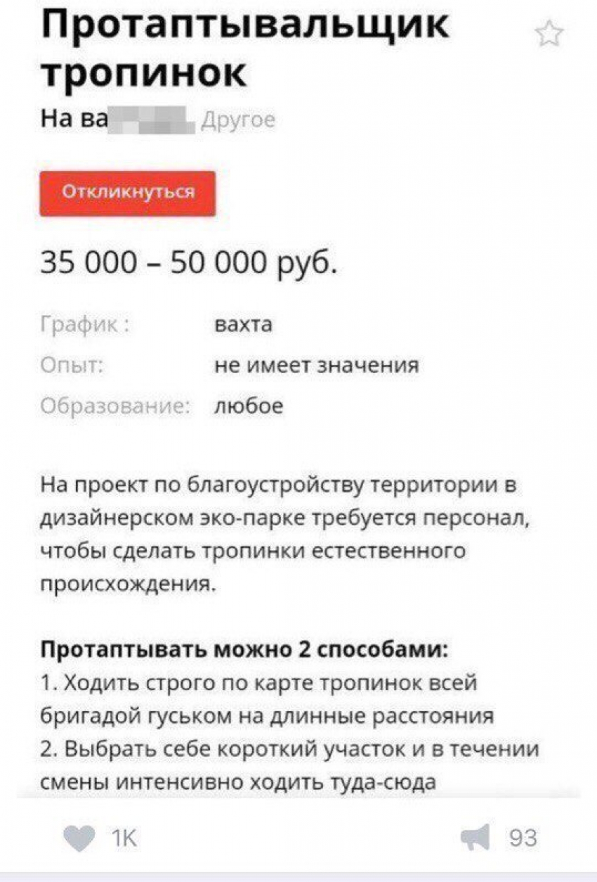 Воронежцам предлагают работу «протаптывальщика тропинок» за 50 тысяч рублей