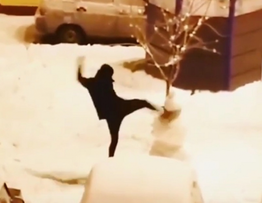 Парень устроил неравный бой со снеговиком в Воронеже 