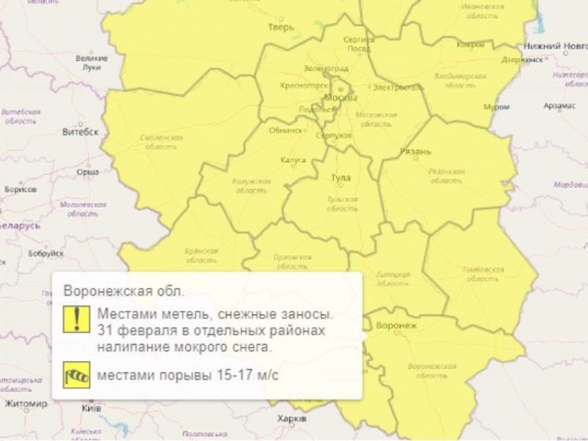 Из-за погоды в Воронежской области объявлен жёлтый уровень опасности