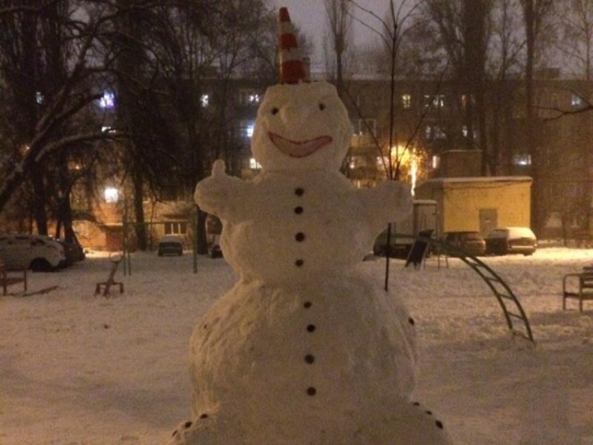 Улыбающегося снеговика украсили  креативной шляпкой в Воронеже