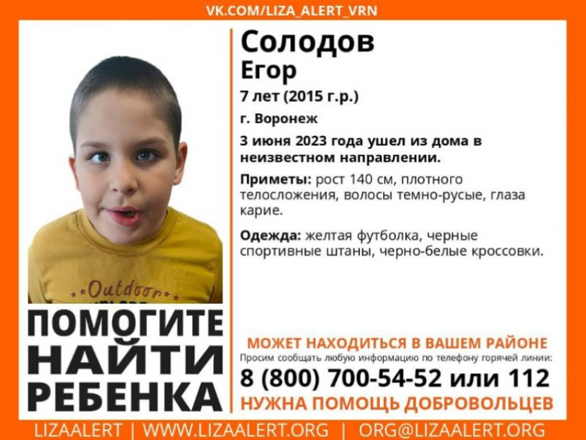 Волонтеры объявили срочные поиски 7-летнего ребенка, который пропал в Воронеже