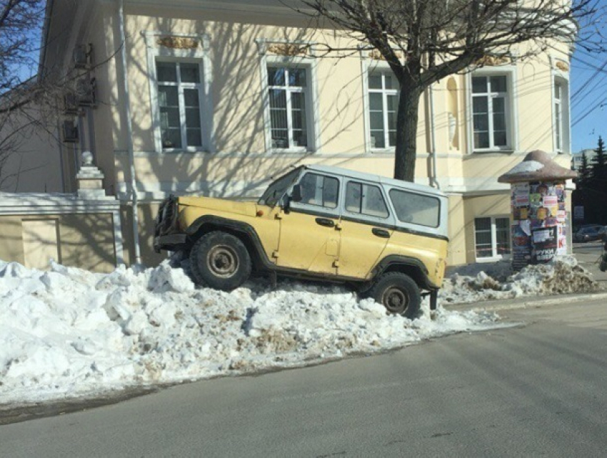 В Воронеже сфотографировали, как УАЗ оседлал метровый сугроб 