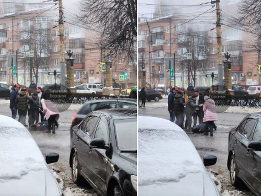 В Воронеже запечатлели последствия наезда на мужчину и женщину, перебегавших дорогу на «красный»