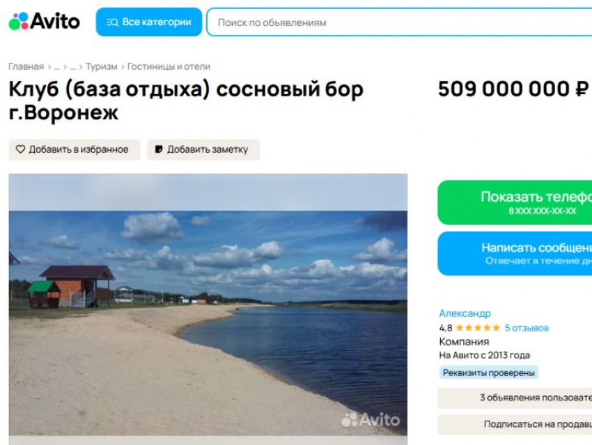 Турбаза, которую хотели продать под жилое строительство, подешевела до 509 млн рублей под Воронежем